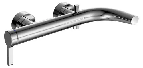 Chromfarbener Wand-Wasserhahn mit einem geschwungenen Auslauf und einem seitlichen Hebel zur Temperatur- und Wassermengenregulierung.